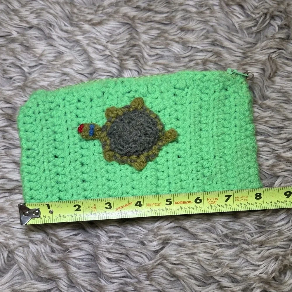 Handmade‎ Crochet Turtle Zipper Pouch Green Knit Coin Purse Boho Cosmetic Bag